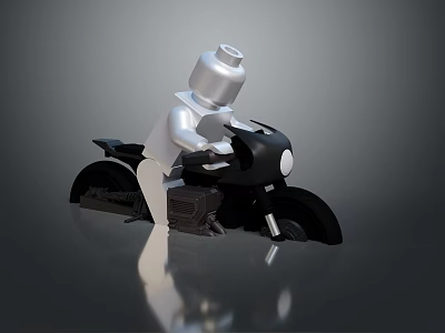 Detailed Black Lego Motorcycle Ridden By Lego Figure On Reflective Surface 3d model