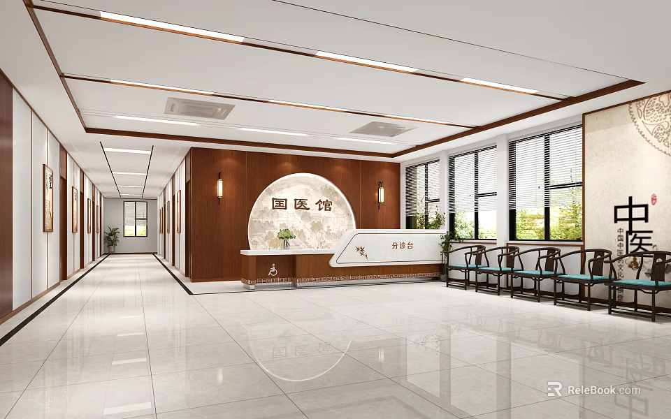Traditional Chinese Medicine Clinic Lobby With Wooden Decor Circular Sign And Bright Windows 3d model 