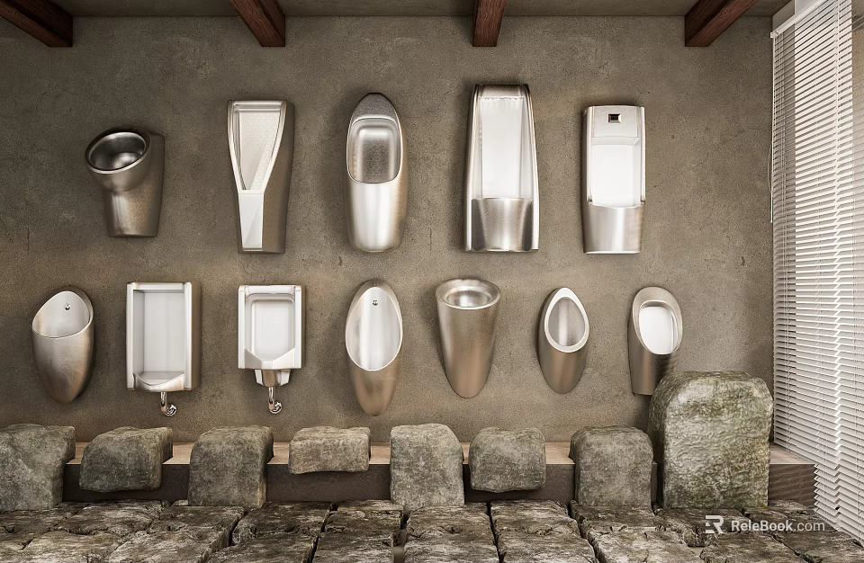 Stainless Steel Urinals in Various Styles Mounted on Stone Wall with Stone Block Bases 3d model 