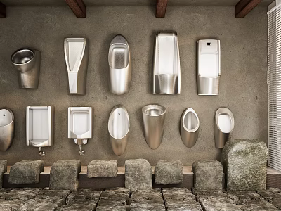 Stainless Steel Urinals in Various Styles Mounted on Stone Wall with Stone Block Bases 3d model