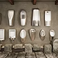 Stainless Steel Urinals in Various Styles Mounted on Stone Wall with Stone Block Bases