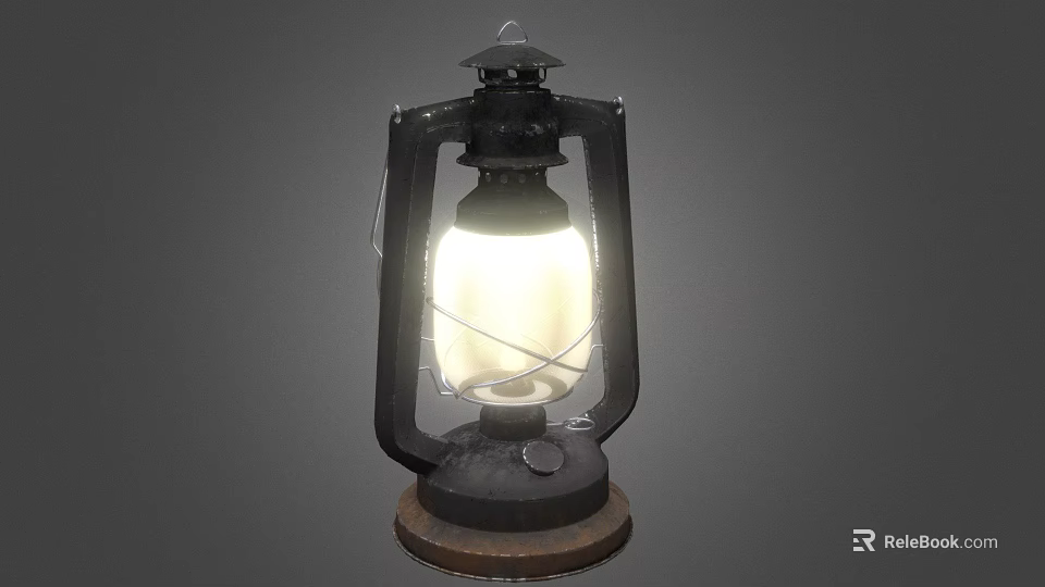 Vintage Candle Lantern Lamp With Black Metal Frame And Wooden Base Illuminated 3d model 