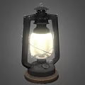 Vintage Candle Lantern Lamp With Black Metal Frame And Wooden Base Illuminated