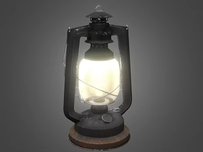 Vintage Candle Lantern Lamp With Black Metal Frame And Wooden Base Illuminated 3d model