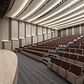 Spacious Modern Conference Room With Rows Of Seats Large Screen And Red Curtains