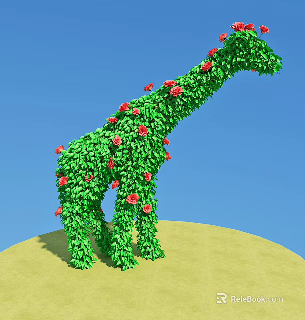 Bush Sculpted into Giraffe Shape with Red Flowers Against Blue Sky and Yellow Ground 3d model 