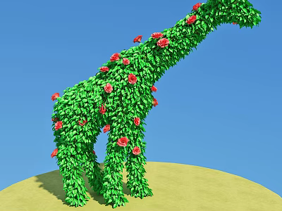 Bush Sculpted into Giraffe Shape with Red Flowers Against Blue Sky and Yellow Ground 3d model