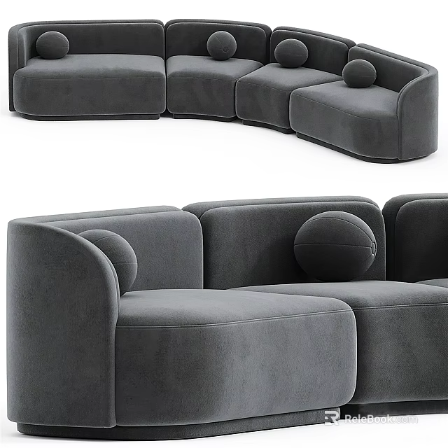 Modern Gray Sectional Sofa with Rounded Arms and Modular Design 3d model 