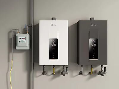 Two Midea Wall Mounted Water Heaters White And Black With Gas Meter Nearby 3d model
