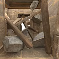 Modern Design Space With Scattered Stones And Wooden Planks Between Stone Walls