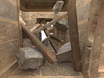 Modern Design Space With Scattered Stones And Wooden Planks Between Stone Walls 3d model