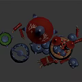 Colorful Cartoon Castle Ruins With Red Towers Blue Barrels And Toy Parts