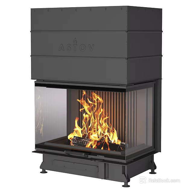 Modern Black Freestanding Fireplace With Glass Front And Burning Fire Design 3d model 