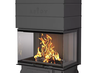 Modern Black Freestanding Fireplace With Glass Front And Burning Fire Design 3d model