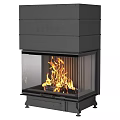 Modern Black Freestanding Fireplace With Glass Front And Burning Fire Design