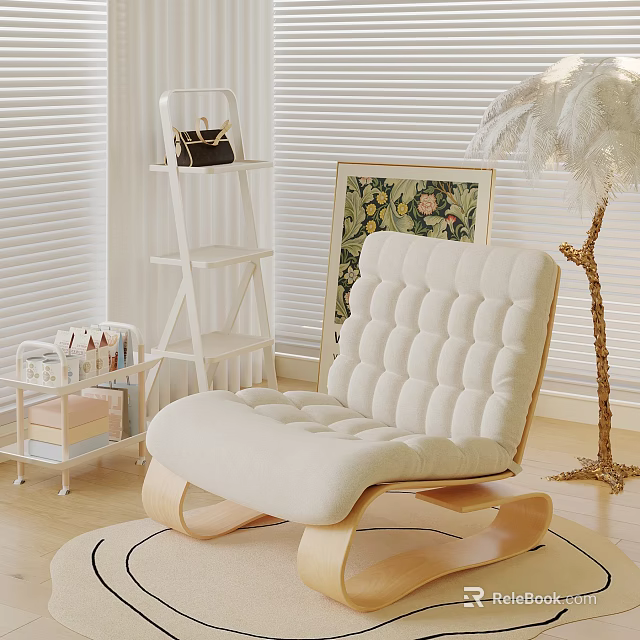 Elegant Interior Design With White Rocking Chair Wooden Frame Beige Cushion Feather Lamp And Artwork 3d model 