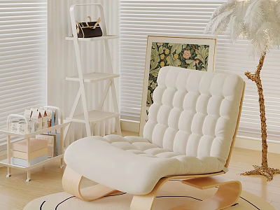 Elegant Interior Design With White Rocking Chair Wooden Frame Beige Cushion Feather Lamp And Artwork 3d model