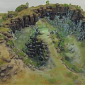 Natural Garden Landscape With Surrounding Rocks Green Vegetation And Small Stream In Depression