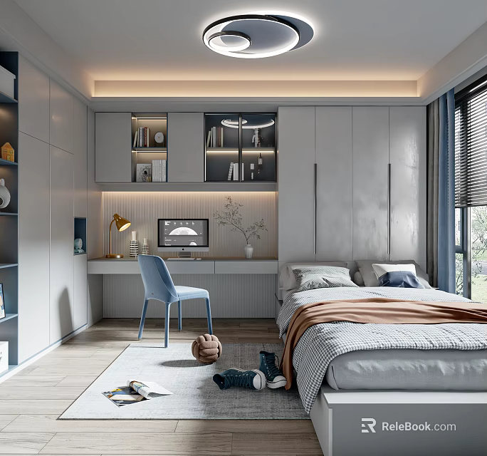 Japanese Tatami Bedroom Interior Design With Wooden Storage Desk And Cozy Lighting 3d model 