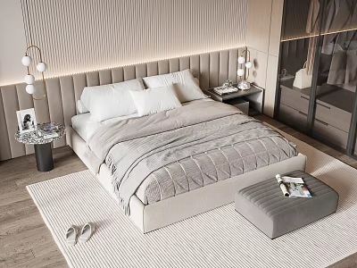 Modern Double Bed with Beige Upholstered Headboard Gray Quilt Ottoman Magazines and Wooden Floor Rug 3d model