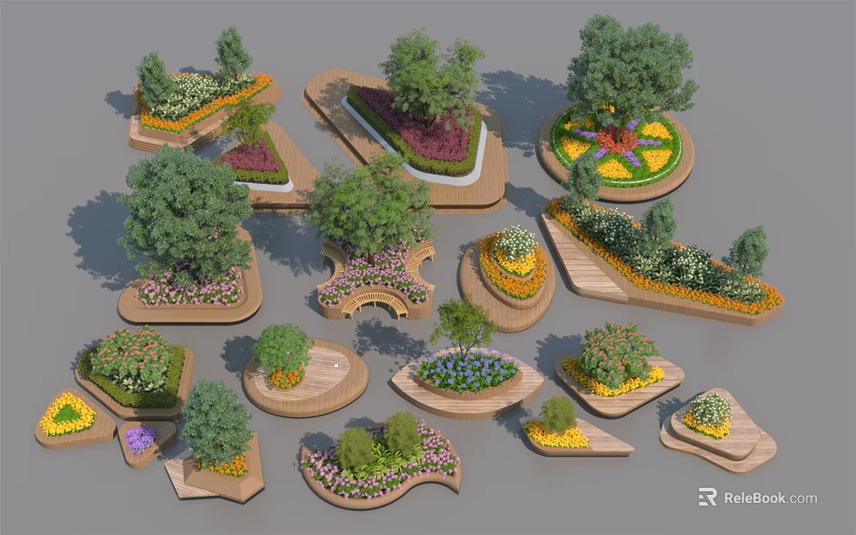Outdoor Chair Design Featuring Wooden Accents Surrounded By Flower Beds Trees And Greenery 3d model 
