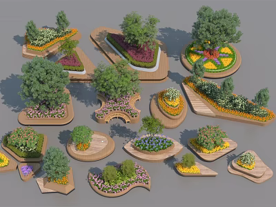 Outdoor Chair Design Featuring Wooden Accents Surrounded By Flower Beds Trees And Greenery 3d model