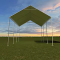 Green Outdoor Canopy with White Metal Frame on Grass Field Under Sunset Sky 3d model