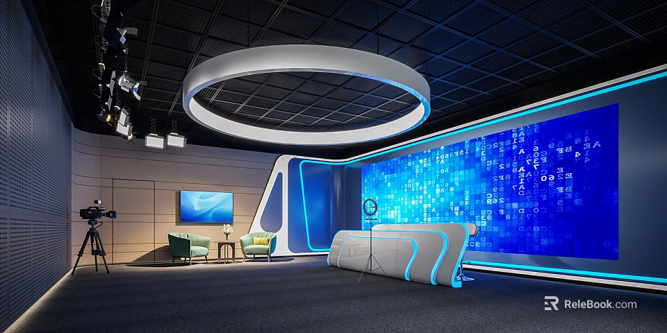 Modern Tech Interior With Blue Data Screen Circular Light And Furniture 3d model 