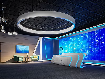 Modern Tech Interior With Blue Data Screen Circular Light And Furniture 3d model