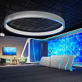 Modern Tech Interior With Blue Data Screen Circular Light And Furniture