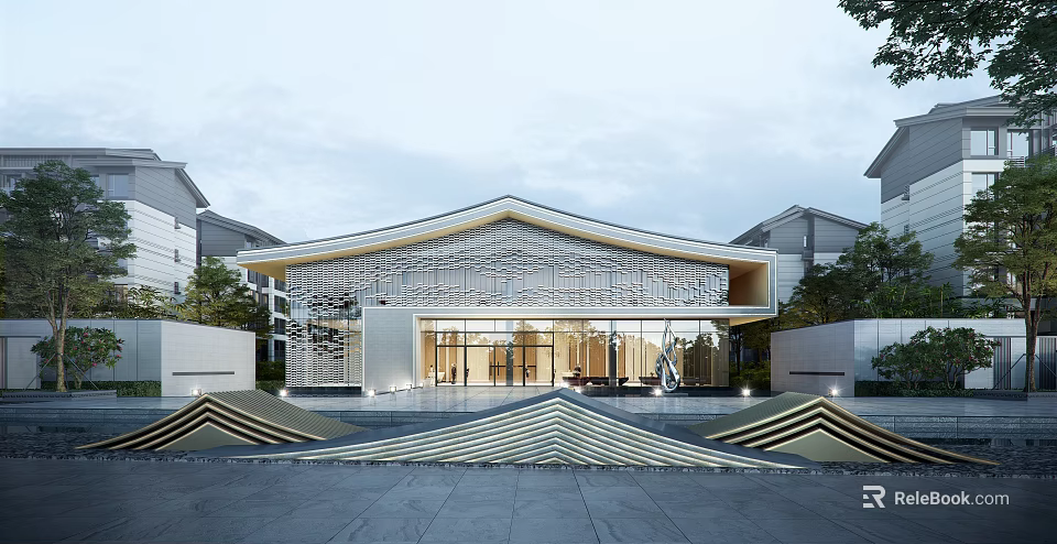 Modern Sales Office Building Exterior With Unique Roof Glass Walls And Landscaped Entrance Design 3d model 