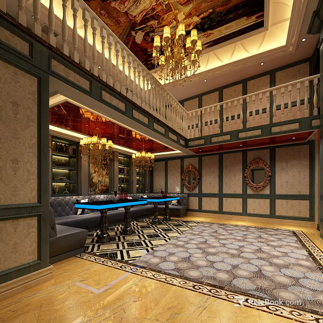 Luxury KTV Lounge With Double Deck Chandeliers Sofas Tables And Patterned Carpet 3d model 