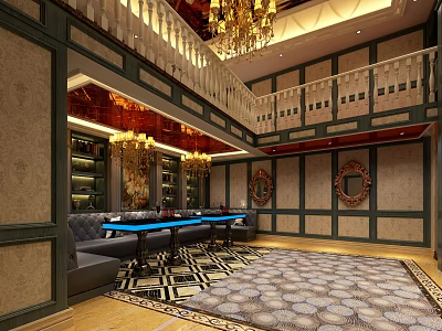 Luxury KTV Lounge With Double Deck Chandeliers Sofas Tables And Patterned Carpet 3d model