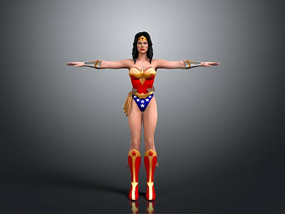 Woman in Wonder Woman Costume with Red and Blue Outfit Arms Outstretched Against Gray Background Golden Accessories and Boots 3d model