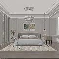 Modern Double Bed in Stylish Bedroom with Beige Headboard Chandelier Nightstand and Accent Chair
