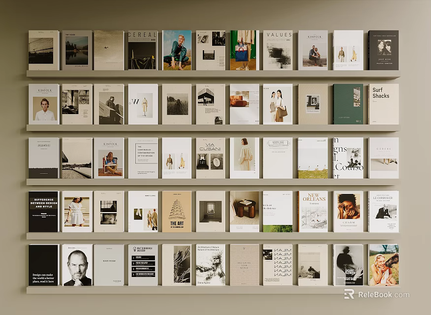 Variety Of Books And Magazines Arranged On Wall Mounted Shelves 3d model 
