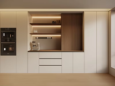 Modern Kitchen Sideboard With Wooden Panel LED Lighting And Storage Drawers 3d model