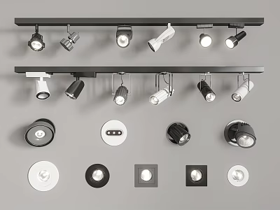 Various Styles Downlights and Spotlights with Track and Recessed Designs in Black and White 3d model
