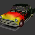 Striking Vintage Classic Car With Black Yellow Red Flame Design Exterior