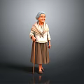 Elderly Woman With Gray Hair Wearing Light Top And Brown Skirt Holding Walking Cane
