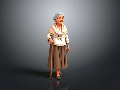 Elderly Woman With Gray Hair Wearing Light Top And Brown Skirt Holding Walking Cane 3d model