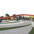 Scenic Urban Park Landscape With Walking Paths Red Structures And Cherry Blossoms