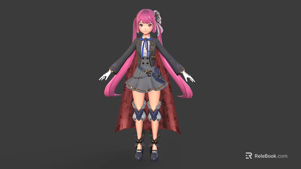 Anime Style Character With Pink Long Hair Gray Uniform And Red Cape 3d model 