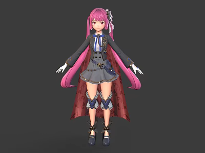 Anime Style Character With Pink Long Hair Gray Uniform And Red Cape 3d model