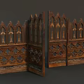 Gothic Style Wooden Room Divider With Intricate Carvings And Arch Patterns