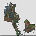 Enchanting Treehouse Building Featuring Pointed Roof Green Door Windows Vines And Wooden Staircase