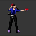 Game and Movie Characters in Action Pose With Blue Jacket Black Outfit and Red Weapons