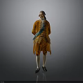 Man in Historical Orange Coat With Green Sash White Stockings Black Shoes On Grey Background