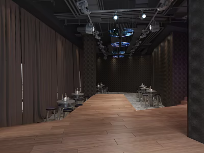 Modern Indoor Space With Dark Curtains Wooden Flooring Rows Of Tables Chairs And Ceiling Screens 3d model