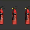 Three Red Fire Extinguishers with Yellow Nozzles on Black Reflective Surface